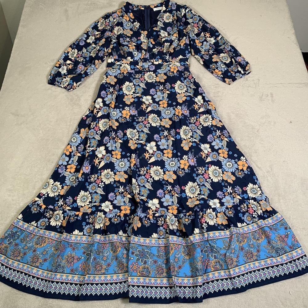 Avara Dress Womens Small Blue Floral Maxi 3/4 Sleeve Boho Ruffle Hem Lined NEW
